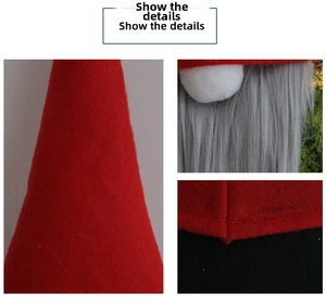 Detailed views of red felt hat, faux beard, and stitching on Christmas gnome wreath