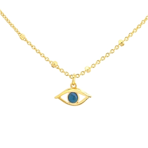 Elegant 18K gold plated Evil Eye pendant necklace featuring blue stone and gold beads