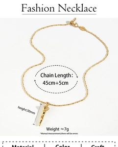 Detail view of adjustable gold chili pendant necklace with 45cm chain length specs