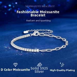 Detail of S925 sterling silver moissanite bracelet with paperclip and tennis chain