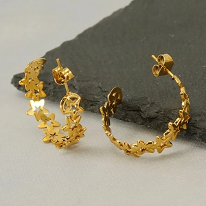 Hollow Star Hoop Earrings Stainless Steel Gold Plated Minimalist Geometric Pentagram C Shaped Jewelry For Women