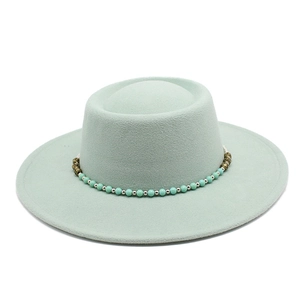French style mint green flat top hat with elegant bead chain and wide brim wool felt