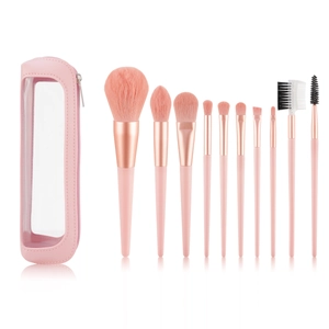 Professional Pink Makeup Brushes With Soft Synthetic Fiber Bristles And Wood Handle In Portable Zipper Storage Bag