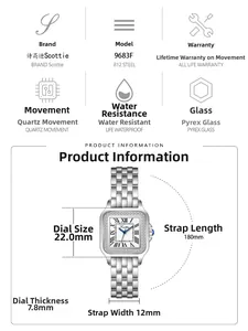 Detailed size specifications for women's small square watch with roman numerals and diamonds
