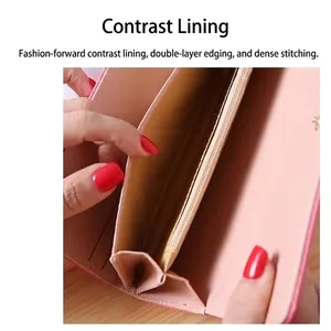 Pink PU leather long wallet with contrast lining, double-edged trim and tight stitching