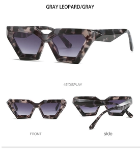 Detailed views of irregular geometric sunglasses in gray leopard pattern and frame angles