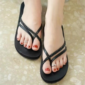 Close-up of minimalist S925 sterling silver toe ring worn with black flip-flops