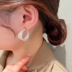 Silver geometric multi-layer woven hoop earrings for women with high-end metallic texture