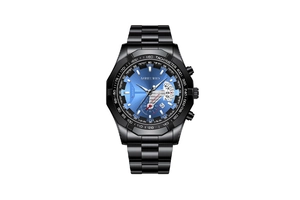 Close-up of chronograph watch featuring blue sunray dial and black stainless steel band