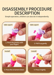 Macro detail showing step-by-step installation of DIY cartoon animal charms for kids