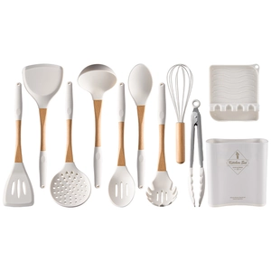 11-piece white silicone kitchen utensil set with wooden handles and storage holder