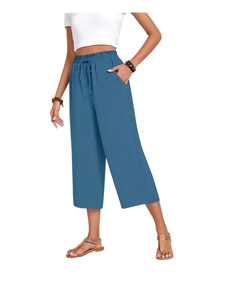 Women's high waist linen wide leg pants with drawstring elastic waist in medium blue