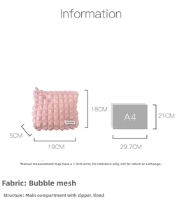 Size chart showing pink seersucker cosmetic bag dimensions 19x18x5cm compared to A4 paper