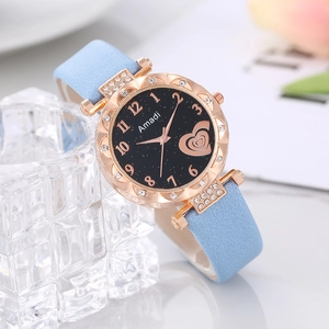 Starry sky dial watch with sky blue leather strap and rose gold rhinestone bezel