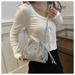 Detail of silver drawstring bucket bag with metallic butterfly accents and chain strap
