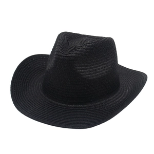 Classic black woven straw cowboy hat with high-density texture and a wide flat brim