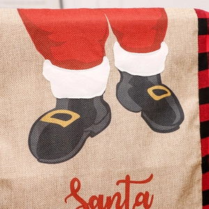 Linen Christmas chair cover with Santa embroidery and red plaid details for dining decor