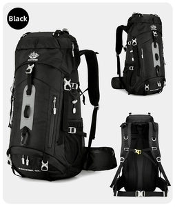 Multiple views of a 60L black hiking backpack with ergonomic straps and exterior straps