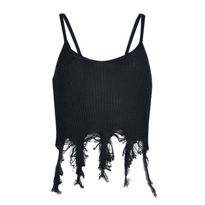 Close-up of black knitted camisole featuring Y2K style fringe and distressed hem details