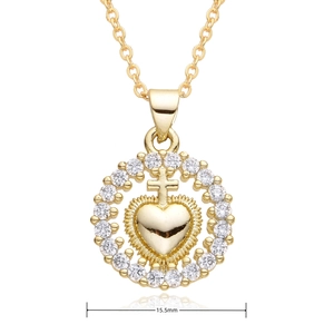 Detail view of 15.5mm gold heart cross pendant with white zircon inlay and mirror reflection