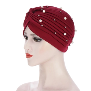 Burgundy pleated turban hat for women with elegant pearl and silver bead embellishments