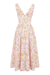 Detailed view of pink floral V-neck dress with vibrant summer prints and soft pleats