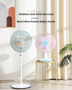 Close-up of safety fan cover mesh with cartoon animal patterns and finger protection