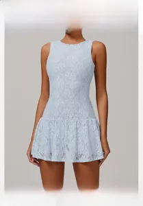 Detail of light blue sleeveless floral lace dress with hollow texture and slim fit design