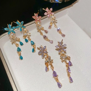 Floral tassel drop earrings with sparkling colored zircon in elegant gold plating