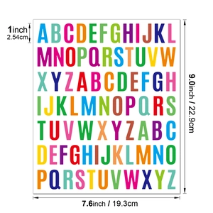 Detail showing 1-inch waterproof alphabet stickers in bright colors and measurements