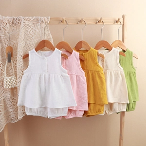 Baby Girl Summer Clothes Sleeveless Muslin Top And Pumpkin Shorts Solid Color Breathable Cotton Outfits For Toddlers