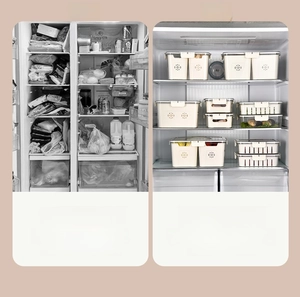 Before and after comparison showing organized fridge with clear plastic storage bins