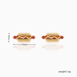 Macro view of 18K gold-plated creative hot dog stud earrings with size measurements