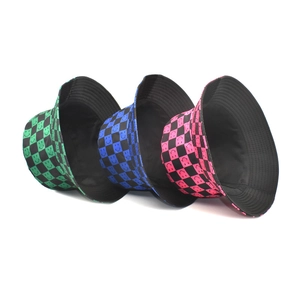 Checkerboard smiley face bucket hats in green, blue, and pink colors for sun protection
