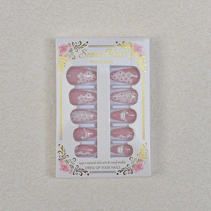 24pcs press-on nails in dusty rose with 3D embossed lace flowers and pearl accents