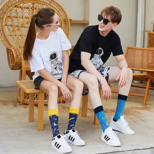 Couple street style crew socks with geometric fruit and astronaut patterns in cotton