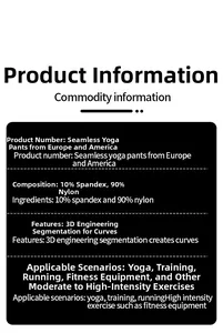 Technical chart of seamless yoga pants showing 90% nylon 10% spandex blend and 3D design