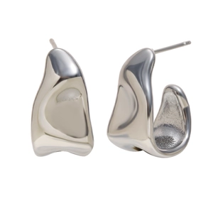 Irregular geometric silver earrings with fluid metal texture on white background