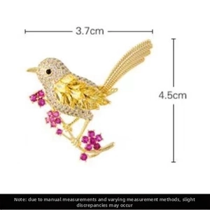Detailed view of magpie bird brooch measurements with yellow crystals and rose gemstones