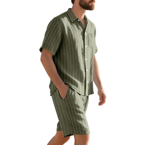 Detail of olive green striped linen texture on men's summer short sleeve shirt and shorts