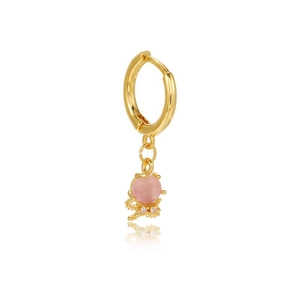 Detailed close-up of 18K gold hoop earring featuring a pink bead drop and white zircon gems