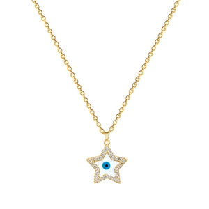 Titanium steel gold necklace with a sparkling diamond star and evil eye pendant