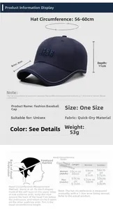 Detailed size chart for quick-dry baseball cap with 56-60cm circumference and measurement guide