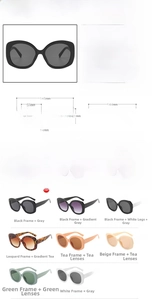 Detailed size specifications and color variants of trendy oversized oval sunglasses