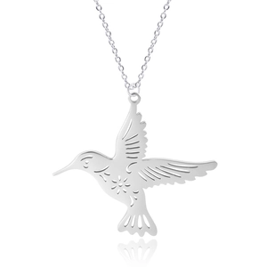 Polished stainless steel hummingbird pendant with hollow-out floral patterns on silver chain