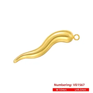 Polished gold chili pendant dimensions 44.5mm by 10mm shown on a white background