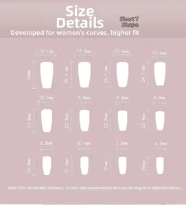 Size chart for 24pcs short T-shape press-on nails in 12 different dimensions and sizes