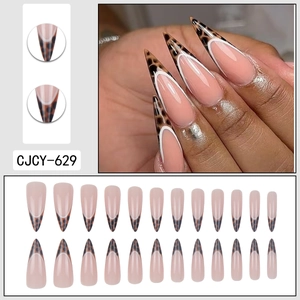 Long almond French leopard print press-on nails set with 24 pieces in nude pink and brown