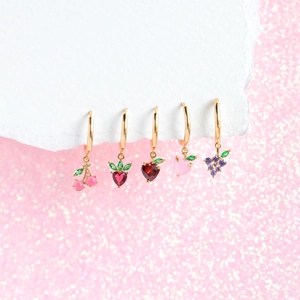 Five-piece gold fruit earring set with colorful zircon cherry, strawberry and grape charms