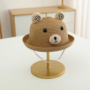 Chapeau de paille pour enfants avec oreilles d'ours et broderie pour protection solaire